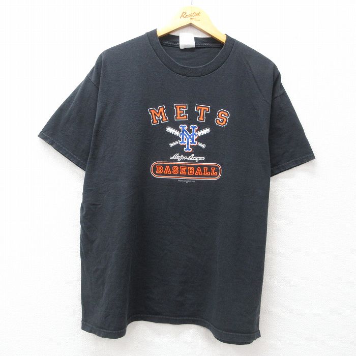 XL★古着 マジェスティック 半袖 ビンテージ Tシャツ メンズ 00年代 00s MLB ニューヨークメッツ 大きいサイズ コットン クルーネック 黒 ブラック メジャーリーグ ベースボール 野球 25jul11 中古
