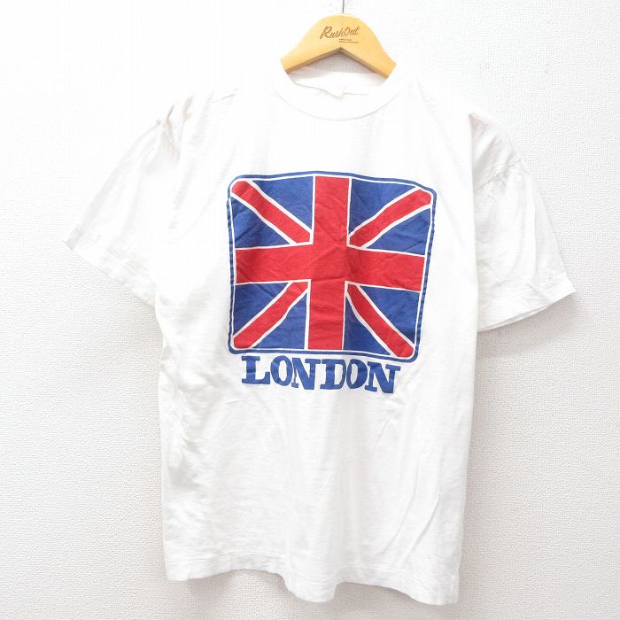 L★古着 半袖 ビンテージ Tシャツ メンズ 90年代 90s ロンドン ユニオンジャック コットン クルーネック 白 ホワイト 25jul11 中古