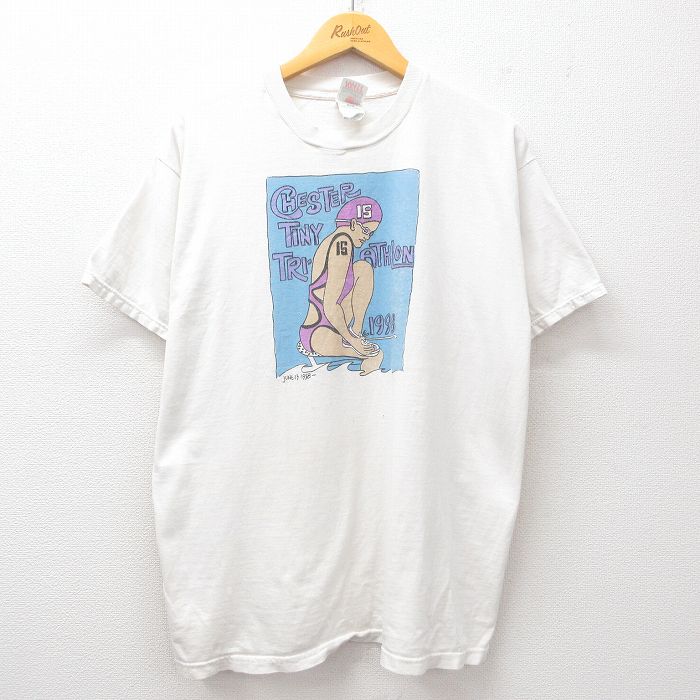 XL★古着 フルーツオブザルーム 半袖 ビンテージ Tシャツ メンズ 90年代 90s トライアスロン コットン クルーネック 白 ホワイト 25jul11 中古