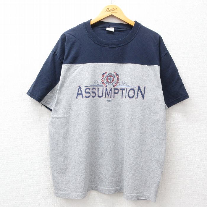 XL★古着 半袖 ビンテージ Tシャツ メンズ 90年代 90s ASSUMPTION ツートンカラー 大きいサイズ コットン クルーネック USA製 グレー 霜降り他 【spe】 25jul11 中古