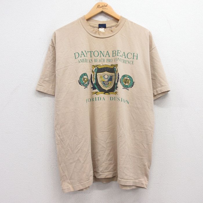 XL★古着 半袖 ビンテージ Tシャツ メンズ 90年代 90s デイトナビーチ 大きいサイズ コットン クルーネック USA製 ベージュ カーキ 25jul11 中古