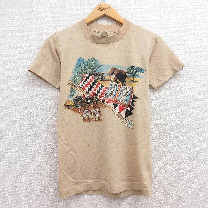XS★古着 DEE CEE 半袖 ビンテージ Tシャツ メンズ 80年代 80s ゾウ 本 クルーネック USA製 ベージュ カーキ 25jul11 中古
