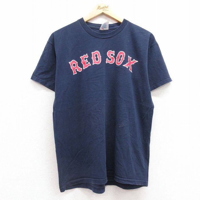 L★古着 マジェスティック 半袖 ビンテージ Tシャツ メンズ 00年代 00s MLB ボストンレッドソックス ジョシュベケット 19 コットン クルーネック 紺 ネイビー メジャーリーグ ベースボール 野球 25jul11 中古