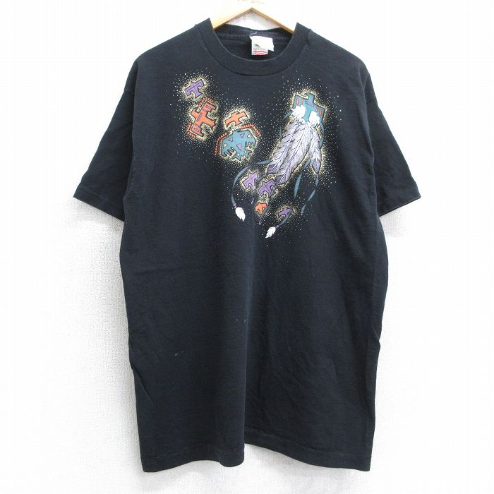 XL★古着 フルーツオブザルーム 半袖 ビンテージ Tシャツ メンズ 90年代 90s 羽 コットン クルーネック USA製 黒 ブラック 25jul11 中古