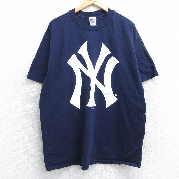 XL★古着 半袖 ビンテージ Tシャツ メンズ 00年代 00s MLB ニューヨークヤンキース 大きいサイズ コットン クルーネック 紺 ネイビー メジャーリーグ ベースボール 野球 25jul11 中古