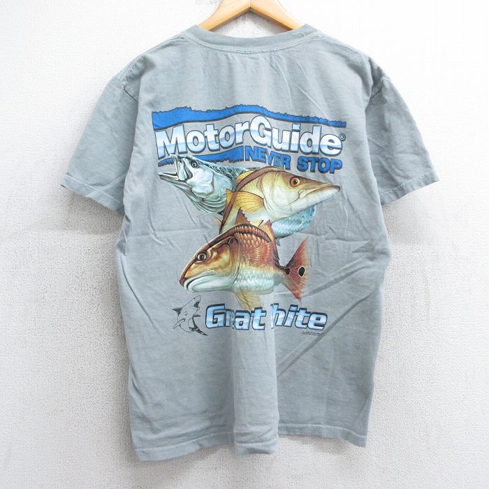 L★古着 半袖 ビンテージ Tシャツ メンズ 90年代 90s 魚 MotorGuide 胸ポケット付き コットン クルーネック USA製 薄緑 グリーン 25jul11 中古