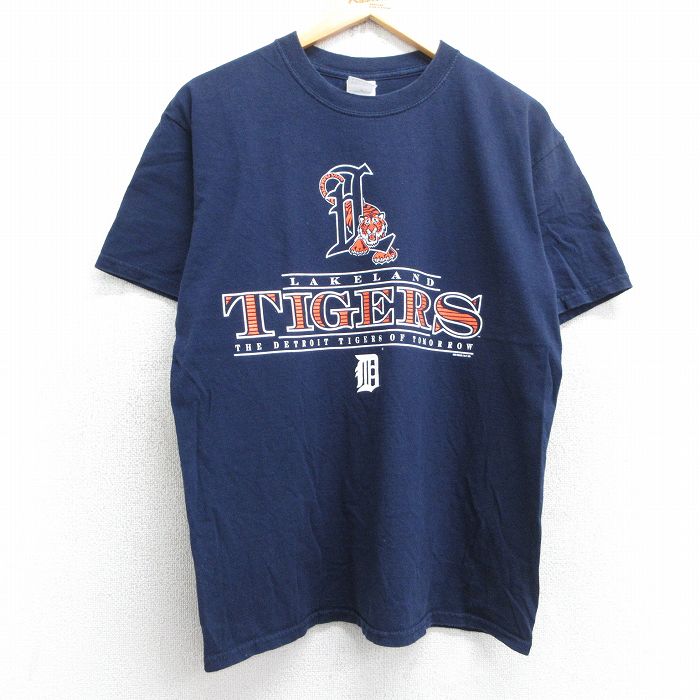 L★古着 半袖 ビンテージ Tシャツ メンズ 00年代 00s MLB デトロイトタイガース コットン クルーネック 紺 ネイビー メジャーリーグ ベースボール 野球 25jul11 中古