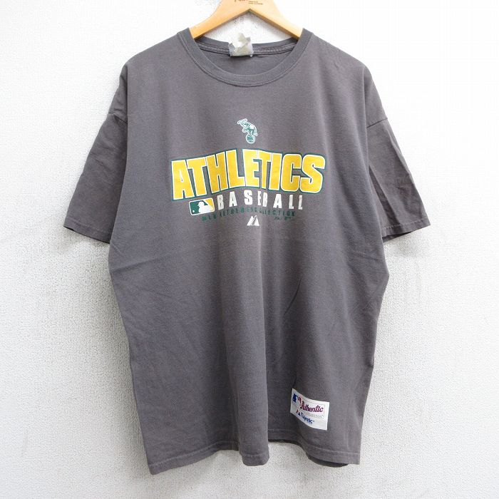 XL★古着 マジェスティック 半袖 ビンテージ Tシャツ メンズ 00年代 00s MLB オークランドアスレチックス 大きいサイズ コットン クルーネック 濃グレー メジャーリーグ ベースボール 野球 25jul11 中古