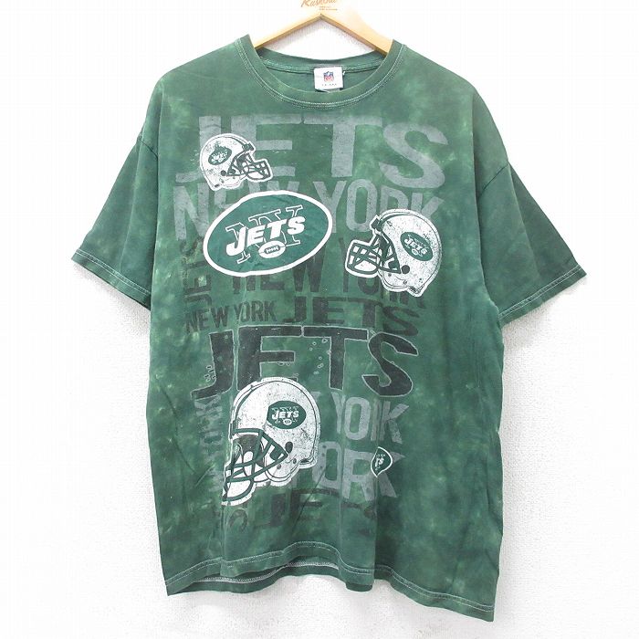 XL★古着 半袖 ビンテージ Tシャツ メンズ 00年代 00s NFL ニューヨークジェッツ 大きいサイズ コットン クルーネック 緑他 グリーン タイダイ アメフト スーパーボウル 25jul11 中古