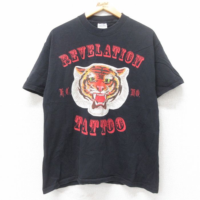 L★古着 半袖 ビンテージ Tシャツ メンズ 00年代 00s トラ タトゥー コットン クルーネック 黒 ブラック 25jul11 中古