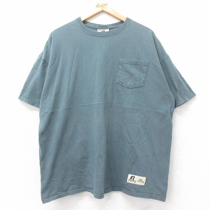 XL★古着 ラッセル 半袖 ビンテージ Tシャツ メンズ 00年代 00s 無地 胸ポケット付き 大きいサイズ コットン クルーネック 緑系 グリーン 25jul11 中古