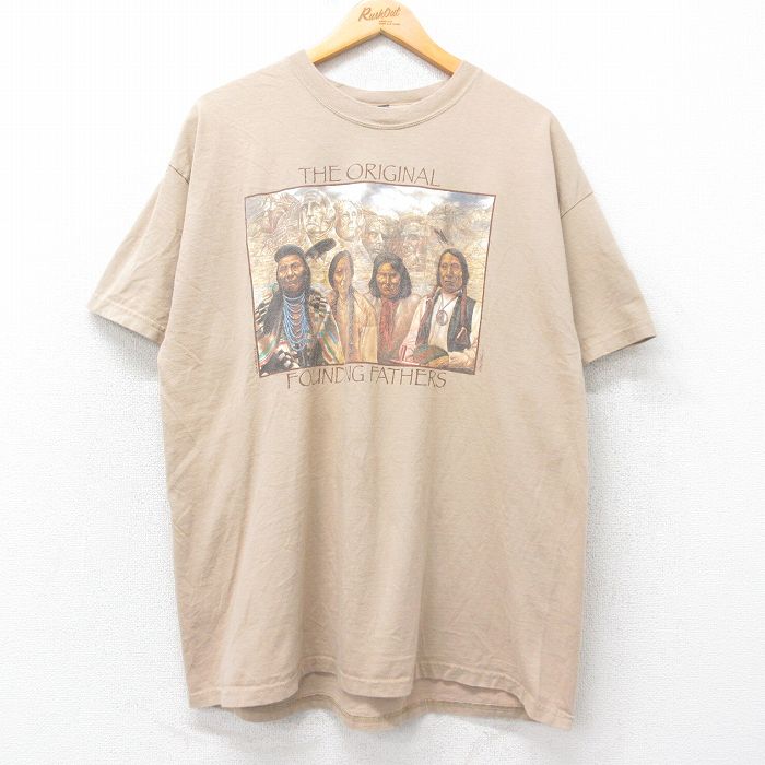 XL★古着 ヘインズ Hanes 半袖 ビンテージ Tシャツ メンズ 00年代 00s ラシュモア山 インディアン 大きいサイズ コットン クルーネック ベージュ カーキ 25jul11 中古
