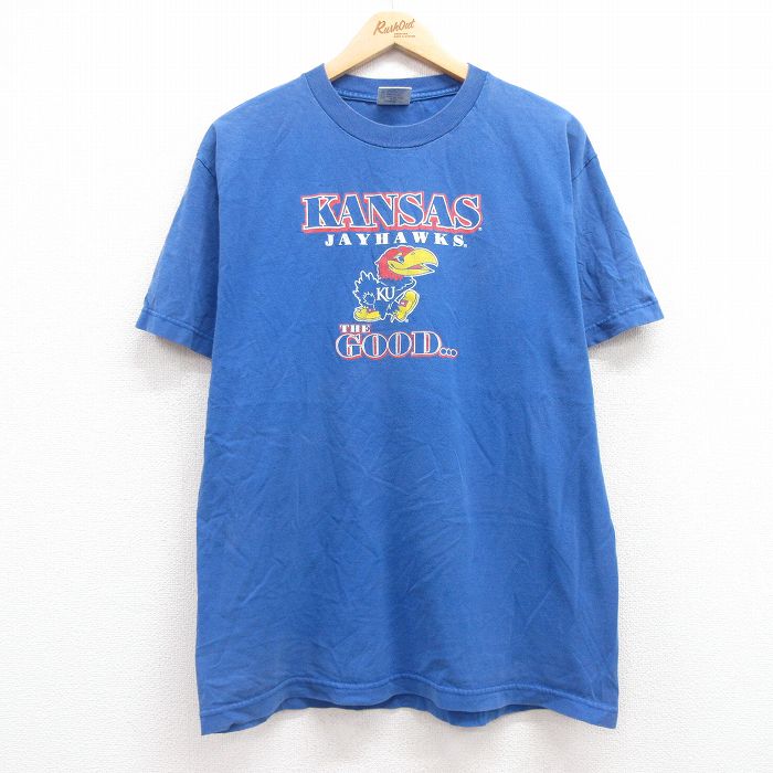 L★古着 半袖 ビンテージ Tシャツ メンズ 00年代 00s カンザスジェイホークス コットン クルーネック 青 ブルー 25jul11 中古