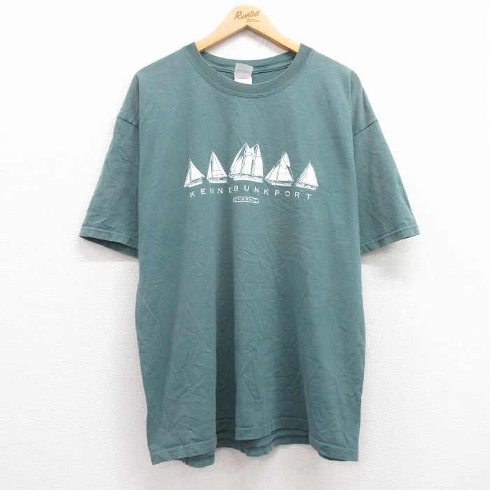 XL★古着 半袖 ビンテージ Tシャツ メンズ 00年代 00s ヨット 大きいサイズ コットン クルーネック 緑 グリーン 25jul11 中古