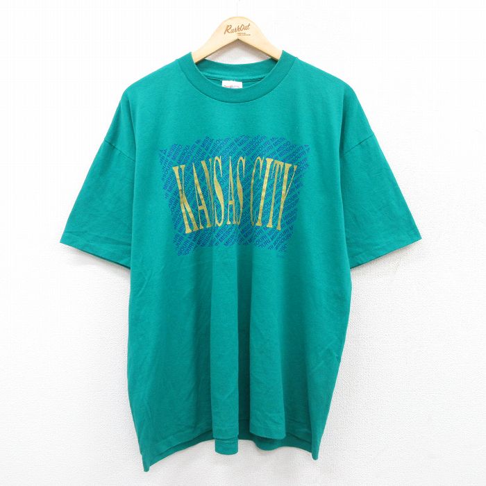 XL★古着 半袖 ビンテージ Tシャツ メンズ 90年代 90s KANSAS CITY 大きいサイズ クルーネック 青緑 25jul11 中古