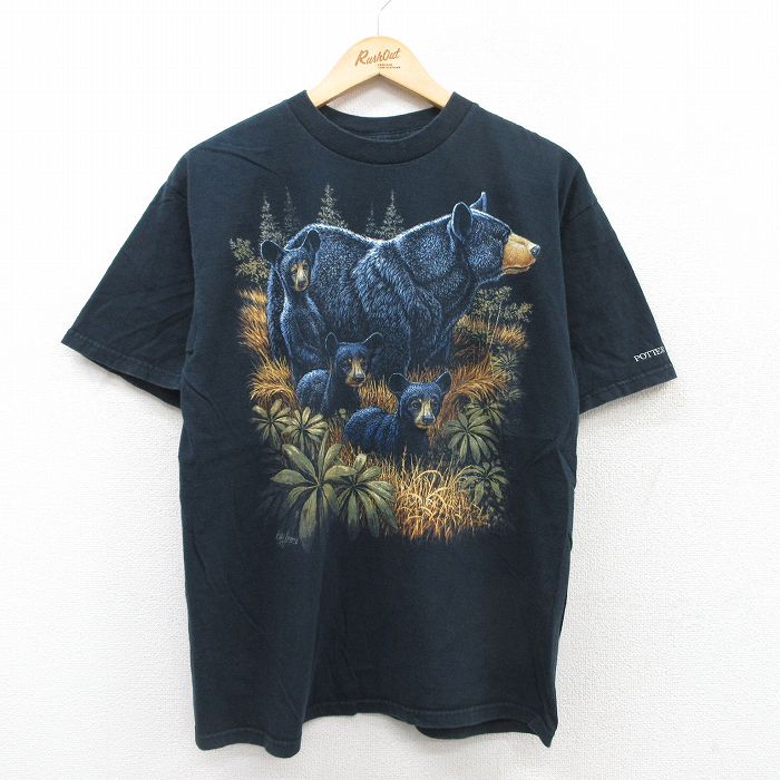 【50%OFF】L★古着 半袖 ビンテージ Tシャツ メンズ 00年代 00s クマ クルーネック 黒 ブラック 25jul11 中古
