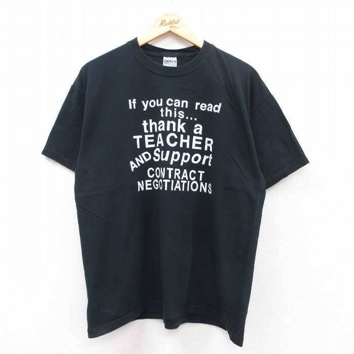 【50%OFF】L★古着 半袖 ビンテージ Tシャツ メンズ 00年代 00s TEACHER メッセージ コットン クルーネック 黒 ブラック 25jul11 中古