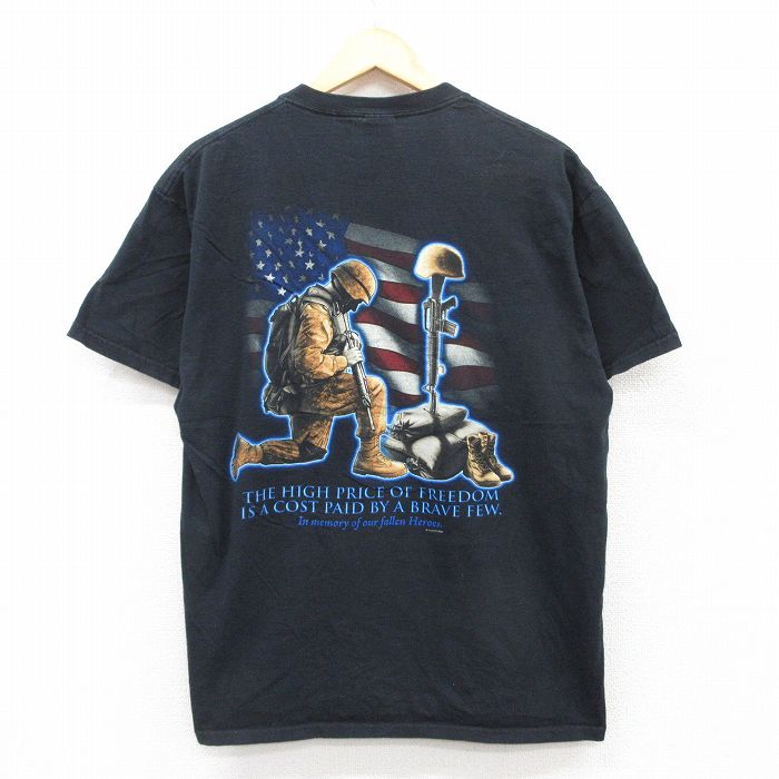 L★古着 フルーツオブザルーム 半袖 ビンテージ Tシャツ メンズ 00年代 00s 軍人 星条旗 コットン クルーネック 黒 ブラック 25jul11 中古