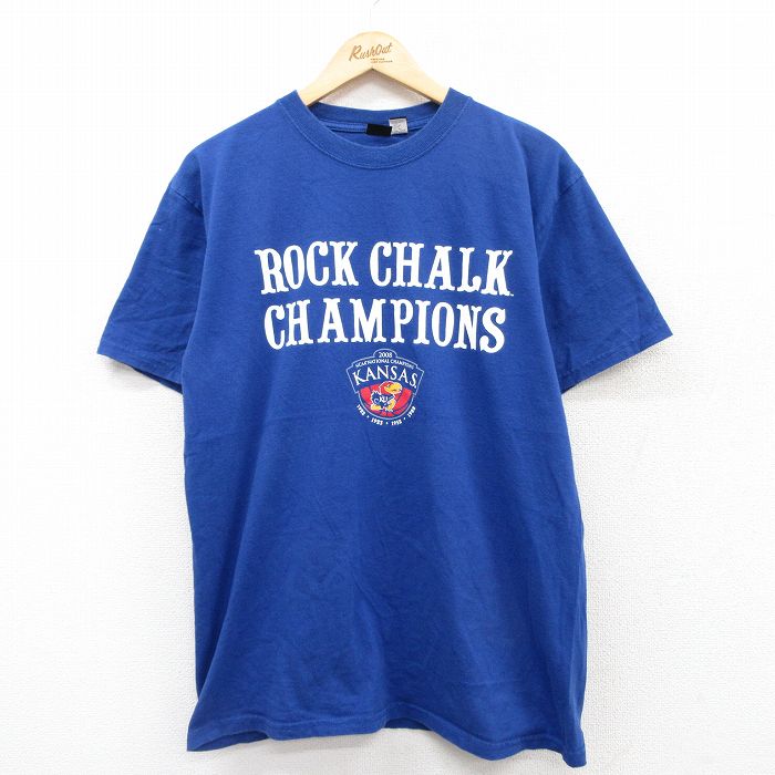 【20%OFF】L★古着 半袖 ビンテージ Tシャツ メンズ 00年代 00s カンザスジェイホークス コットン クルーネック 青 ブルー 25jul11 中古