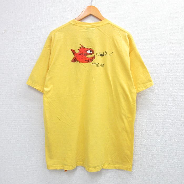 XL★古着 半袖 Tシャツ メンズ 魚 PIRANA JOE コットン クルーネック 黄 イエロー 25jul12 中古