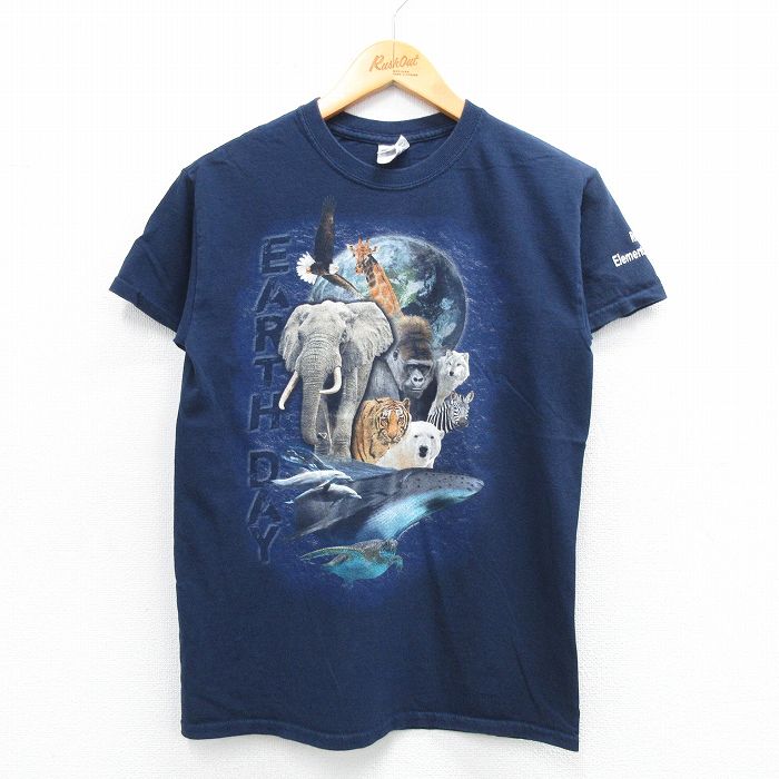 00s 半袖Tシャツ ゾウ キリン 地球 ネイビー S | 古着