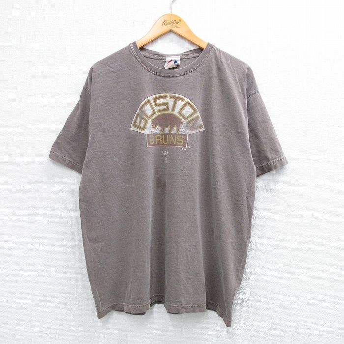【20%OFF】XL★古着 マジェスティック 半袖 ビンテージ Tシャツ メンズ 00年代 00s NHL ボストンブルーインズ コットン クルーネック 薄茶 ブラウン アイスホッケー 25jul12 中古