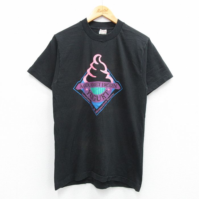 M★古着 フルーツオブザルーム 半袖 ビンテージ Tシャツ メンズ 80年代 80s ハーゲンダッツ ヨーグルト コットン クルーネック USA製 黒 ブラック 【spe】 25jul12 中古