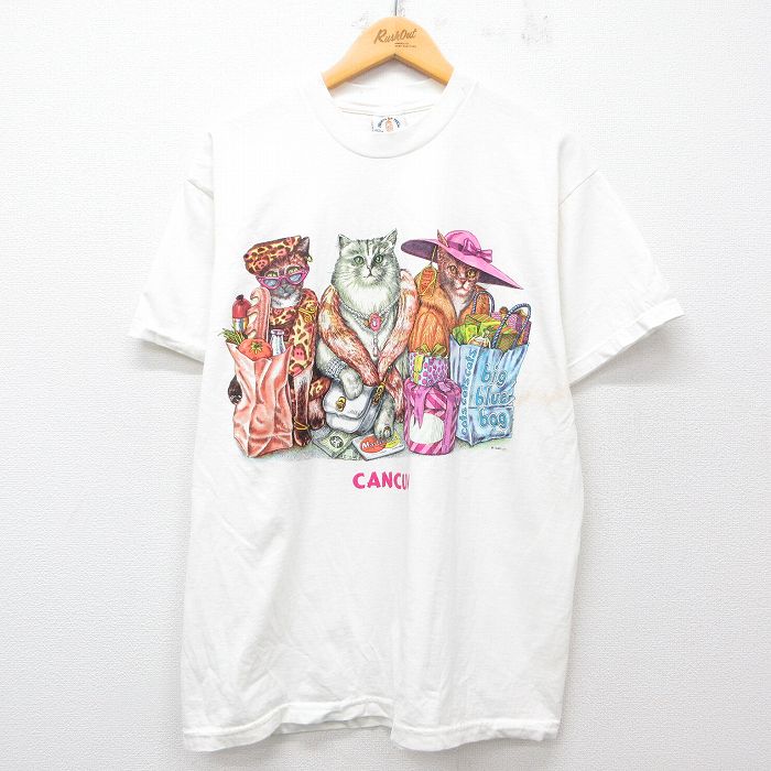 XL★古着 半袖 ビンテージ Tシャツ メンズ 90年代 90s ネコ コットン クルーネック USA製 白 ホワイト 25jul12 中古