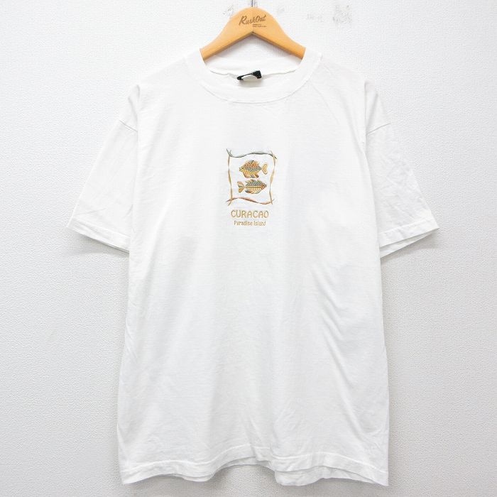 XL★古着 半袖 ビンテージ Tシャツ メンズ 90年代 90s 魚 CURACAO 刺繍 コットン クルーネック USA製 白 ホワイト 25jul12 中古
