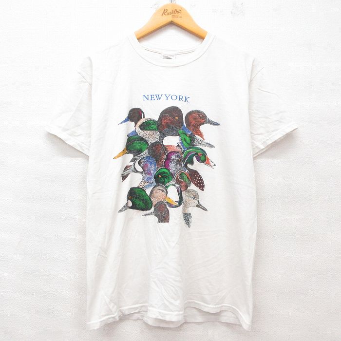 L★古着 半袖 ビンテージ Tシャツ メンズ 00年代 00s ニューヨーク 鳥 コットン クルーネック 白 ホワイト 25jul12 中古