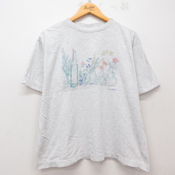 XL★古着 半袖 ビンテージ Tシャツ メンズ 90年代 90s 花 クルーネック 薄グレー 霜降り 【spe】 25jul12 中古