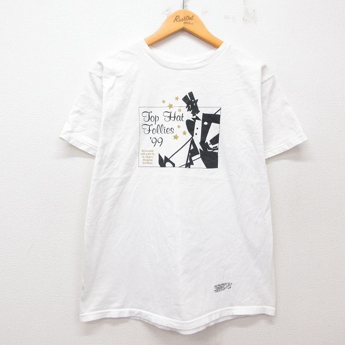 【50%OFF】L★古着 フルーツオブザルーム 半袖 ビンテージ Tシャツ メンズ 90年代 90s Top Hat Follies コットン クルーネック 白 ホワイト 【spe】 25jul12 中古