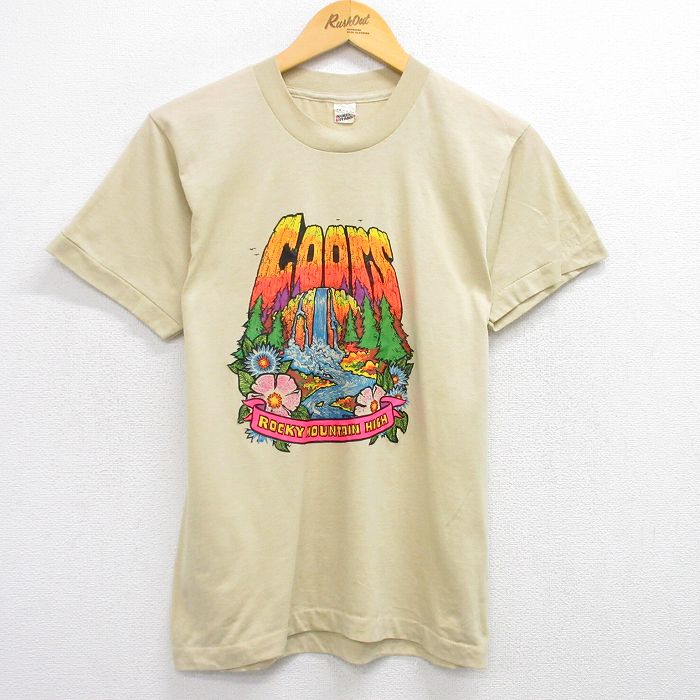 【50%OFF】M★古着 スクリーンスターズ 半袖 ビンテージ Tシャツ メンズ 80年代 80s クアーズ 滝 クルーネック USA製 ベージュ カーキ 25jul12 中古