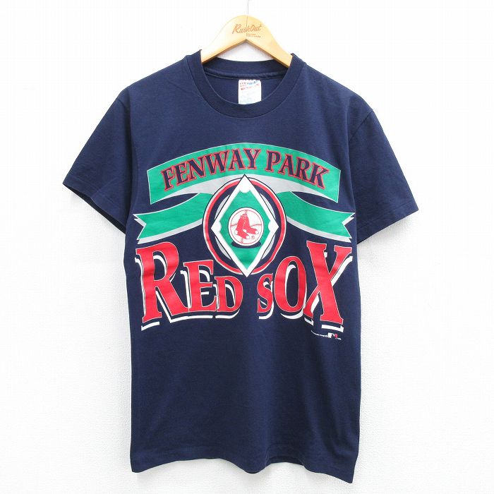 M★古着 ヘインズ Hanes 半袖 ビンテージ Tシャツ メンズ MLB ボストンレッドソックス クルーネック 紺 ネイビー メジャーリーグ ベースボール 野球 25jul14 中古