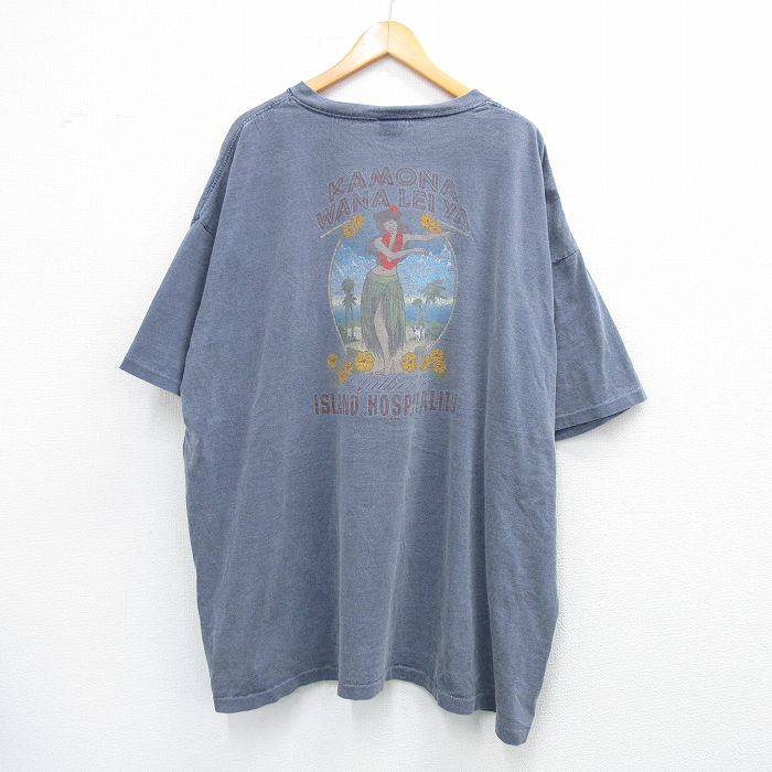 XL★古着 ビッグドッグス 半袖 ビンテージ Tシャツ メンズ 00年代 00s フラガール 大きいサイズ ロング丈 コットン クルーネック 薄紺 ネイビー 25jul14 中古
