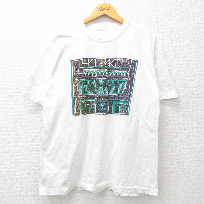 L★古着 半袖 ビンテージ Tシャツ メンズ 90年代 90s TAHITI コットン クルーネック 白 ホワイト 25jul15 中古