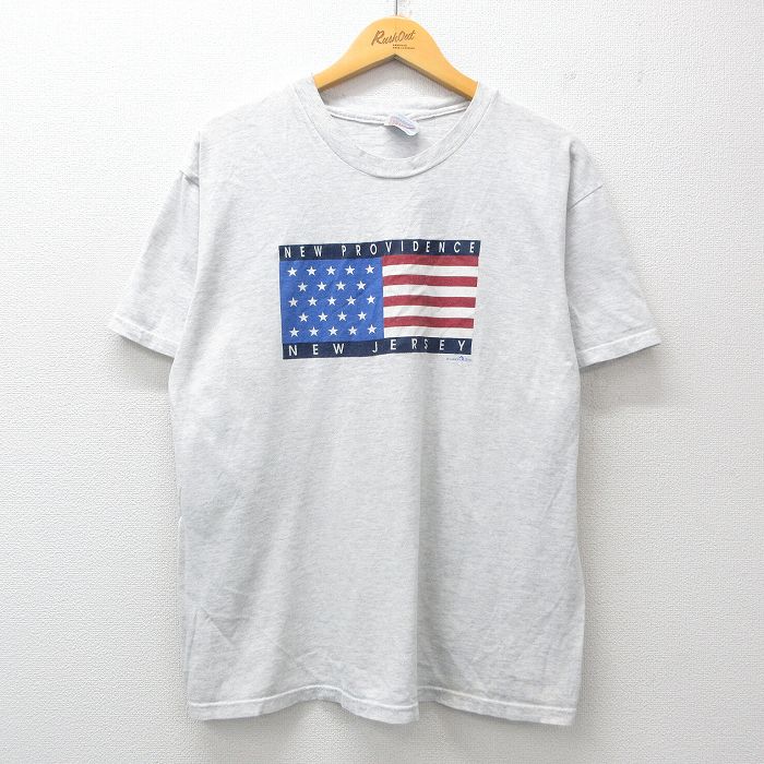 L★古着 ヘインズ Hanes 半袖 ビンテージ Tシャツ メンズ 90年代 90s 星条旗 ニュージャージー クルーネック 薄グレー 霜降り 25jul15 中古