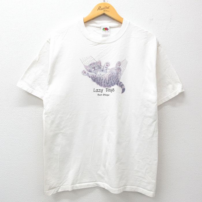 L★古着 フルーツオブザルーム 半袖 ビンテージ Tシャツ メンズ 00年代 00s ネコ コットン クルーネック 白 ホワイト 25jul15 中古