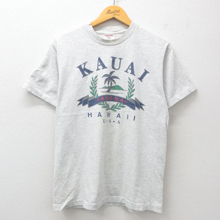 M★古着 半袖 ビンテージ Tシャツ メンズ 90年代 90s KAUI ヤシの木 コットン クルーネック USA製 薄グレー 霜降り 25jul15 中古