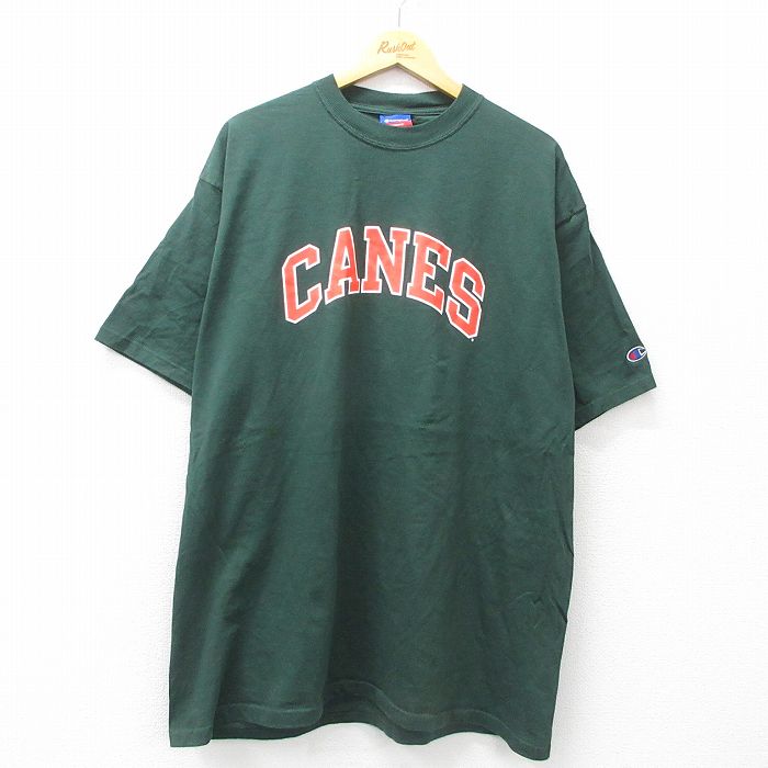 XL★古着 チャンピオン champion 半袖 ビンテージ Tシャツ メンズ 00年代 00s CANES 大きいサイズ ロング丈 コットン クルーネック 緑 グリーン 25jul16 中古