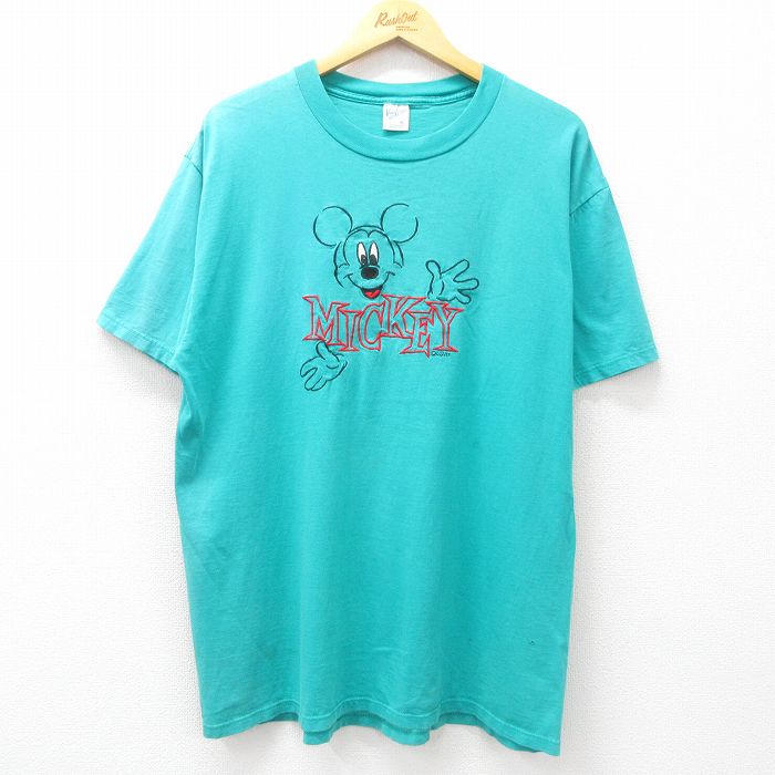 XL★古着 半袖 ビンテージ Tシャツ メンズ 80年代 80s ディズニー DISNEY ミッキー MICKEY MOUSE 刺繍 コットン クルーネック USA製 青緑 【spe】 25jul16 中古