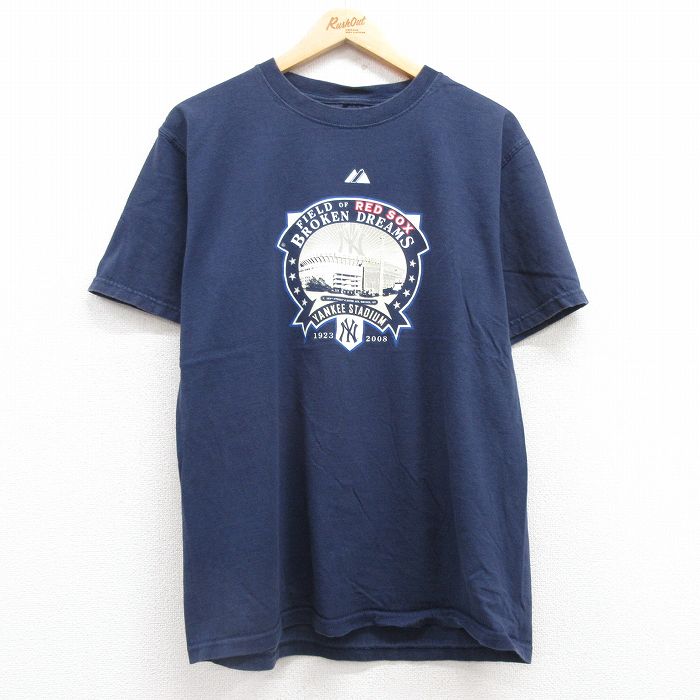 L★古着 マジェスティック 半袖 ビンテージ Tシャツ メンズ 00年代 00s MLB ニューヨークヤンキース コットン クルーネック 紺 ネイビー メジャーリーグ ベースボール 野球 25jul16 中古