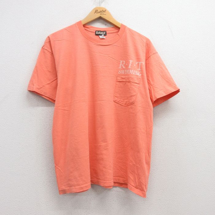XL★古着 半袖 ビンテージ Tシャツ メンズ 90年代 90s スイミング 胸ポケット付き コットン クルーネック USA製 オレンジ系 25jul16 中古