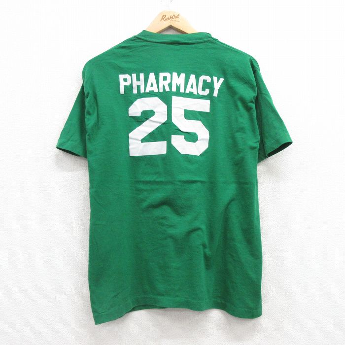 L★古着 半袖 ビンテージ Tシャツ メンズ 80年代 80s PHARMACY 25 フロッキープリント クルーネック 緑 グリーン 25jul16 中古