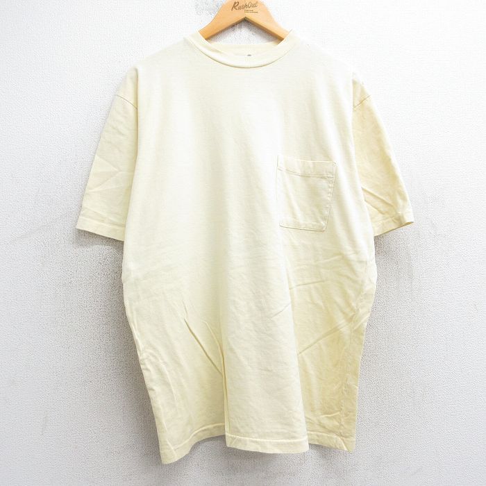 XL★古着 EMS 半袖 ビンテージ Tシャツ メンズ 90年代 90s 無地 胸ポケット付き 大きいサイズ コットン クルーネック USA製 薄黄 イエロー 【spe】 25jul16 中古
