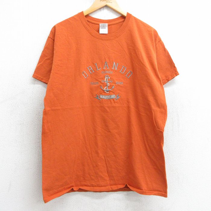 L★古着 半袖 ビンテージ Tシャツ メンズ 00年代 00s オーランド イカリ 刺繍 コットン クルーネック オレンジ 25jul16 中古