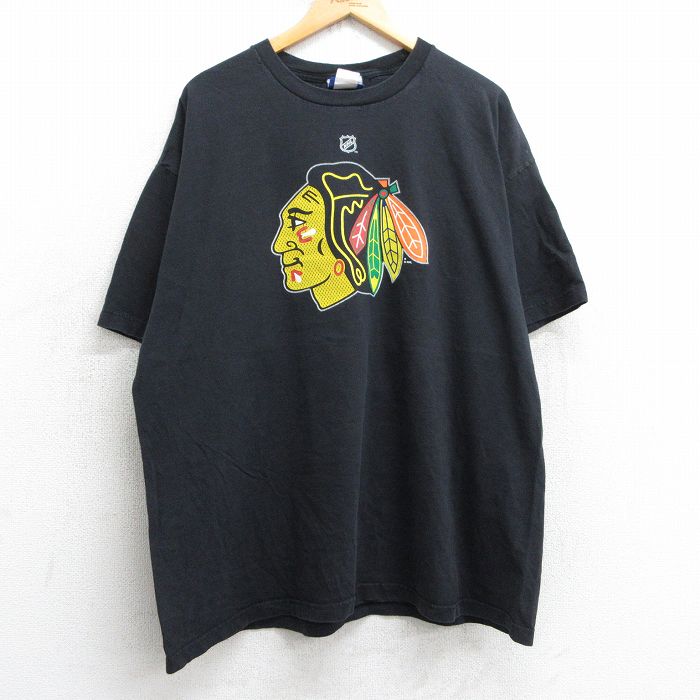 【50%OFF】XL★古着 リーボック REEBOK 半袖 ビンテージ Tシャツ メンズ 00年代 00s NHL シカゴブラックホークス ジョナサントーズ 19 大きいサイズ コットン クルーネック 黒 ブラック アイスホッケー 25jul16 中古