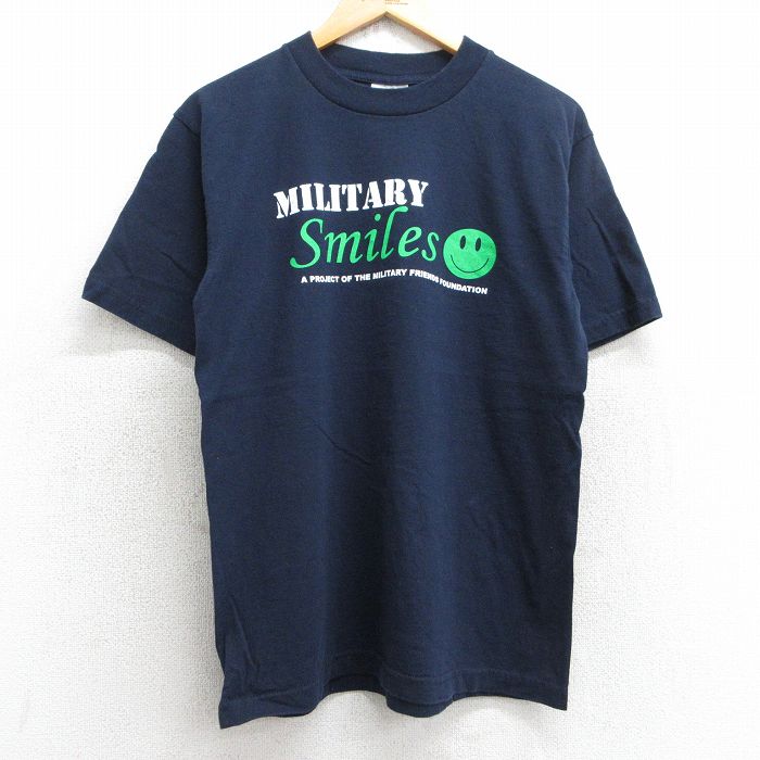 M★古着 半袖 ビンテージ Tシャツ メンズ 90年代 90s スマイル ミリタリー コットン クルーネック 紺 ネイビー 25jul16 中古