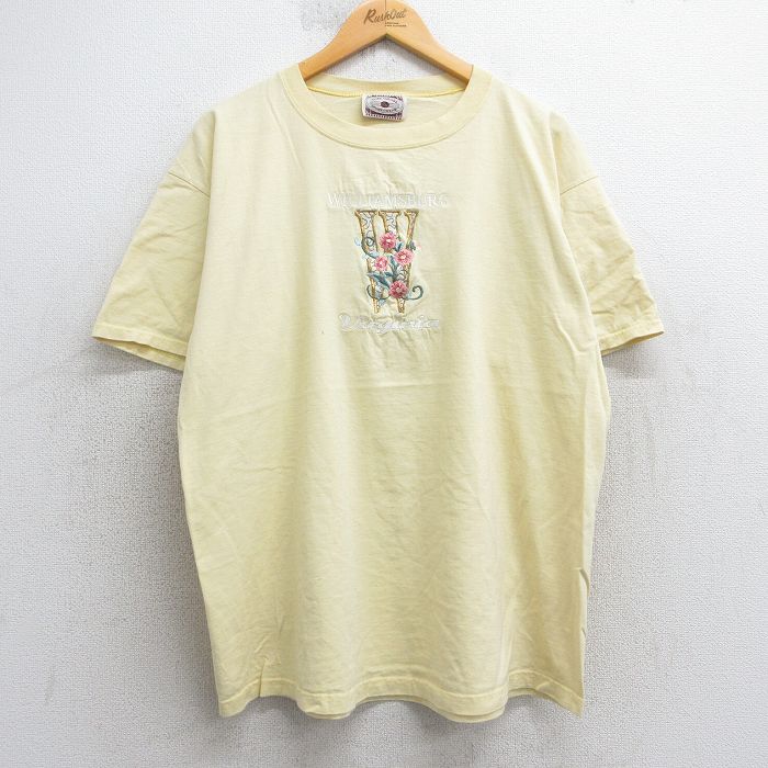 XL★古着 半袖 ビンテージ Tシャツ メンズ 90年代 90s 花 ウィリアムズバーグ 刺繍 コットン クルーネック USA製 薄黄 イエロー 25jul16 中古