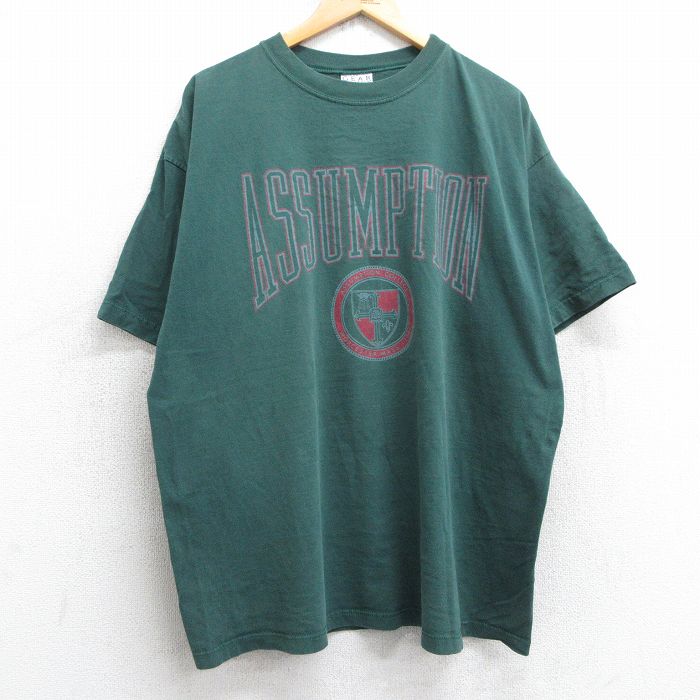 XL★古着 半袖 ビンテージ Tシャツ メンズ 90年代 90s アサンプション 大学 大きいサイズ コットン クルーネック USA製 緑 グリーン 25jul16 中古